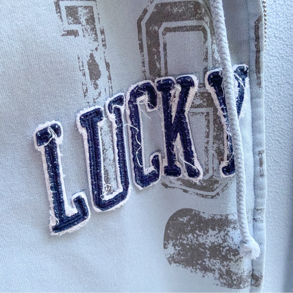 Lucky Brand Zip Up Hoodie Sweatshirt Style Jacket Distressed Logo Lettering Blue - Picture 7 of 13